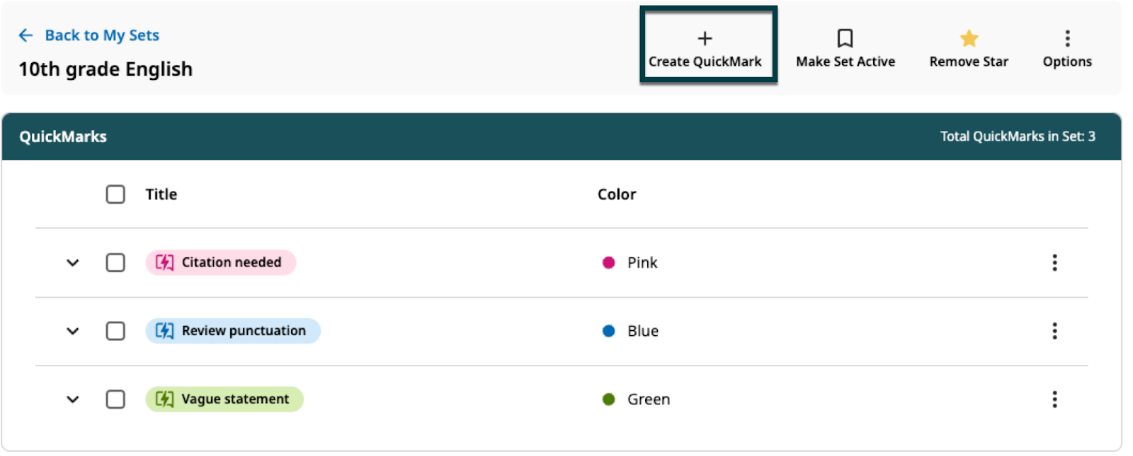QuickMark Manager with Create QuickMark button at the top of the page