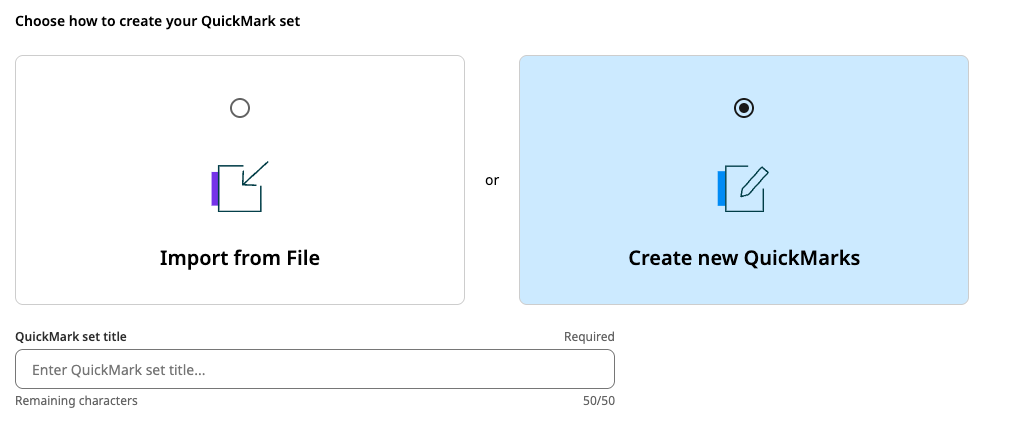 Dialog box showing Create new QuickMarks option and QuickMark set title field