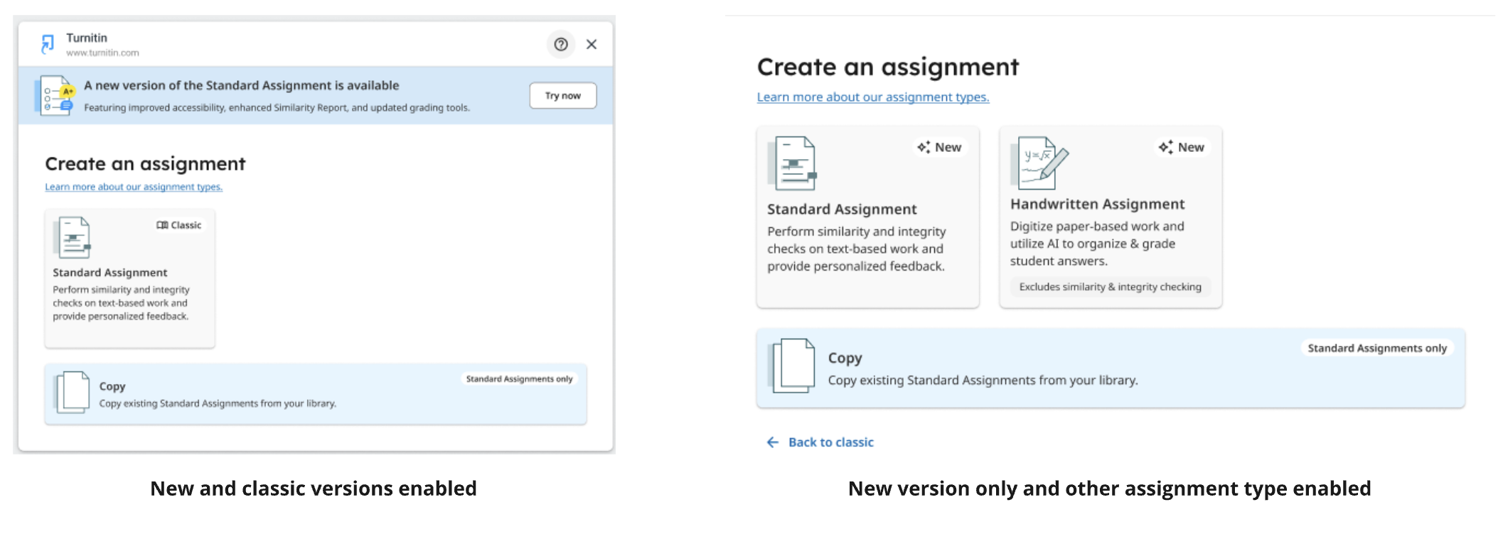 Assignment type modal showing the new Standard Assignment tile