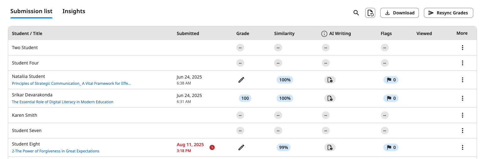 Assignment inbox showing submission list columns and action buttons