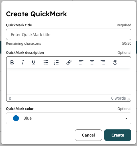 Formulario de creación de QuickMarks con campos para título, descripción y color