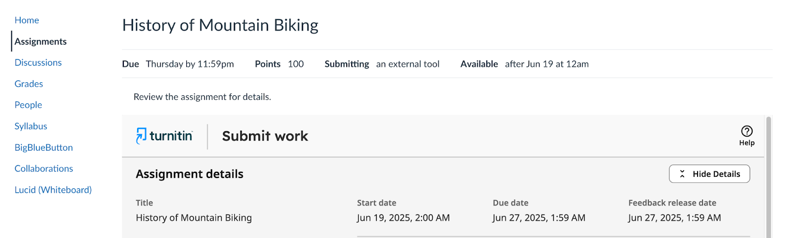 Canvas Assignments tab showing Turnitin Clarity assignment link.
