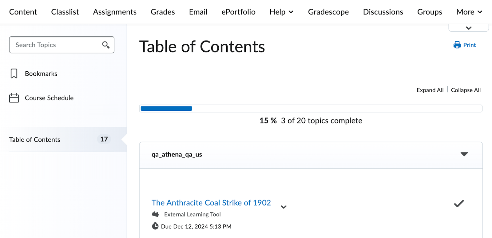 D2L Content page showing Turnitin Clarity assignment link.