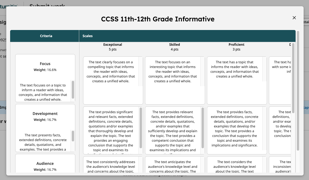 Rubric link expanded to show grading criteria in Turnitin Clarity.
