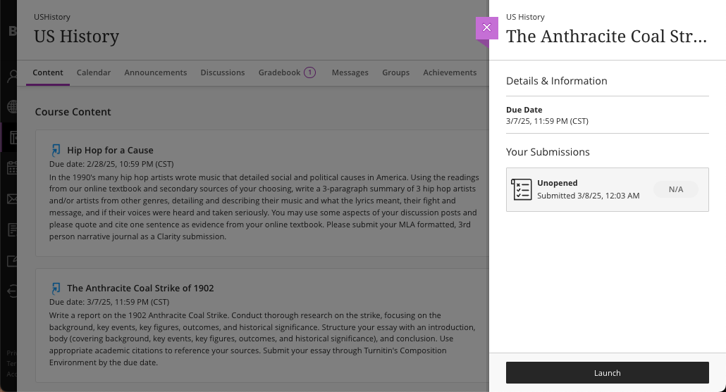 Screenshot showing Blackboard Content tab with Launch button for Turnitin Clarity assignment.