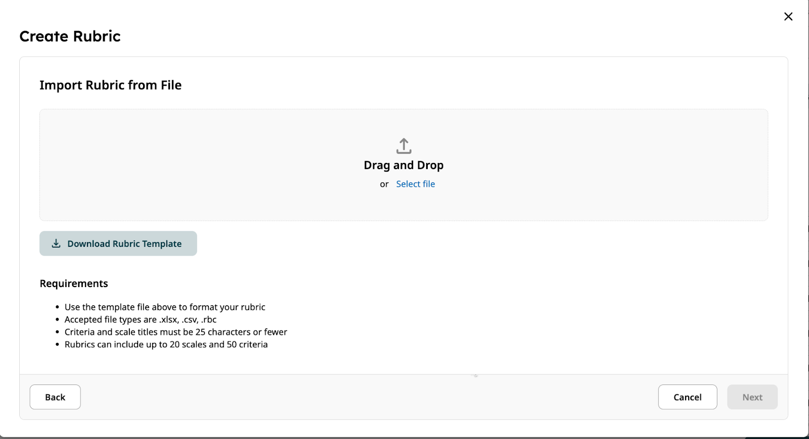 Rubric importer screen highlighting the Download Rubric Template button.