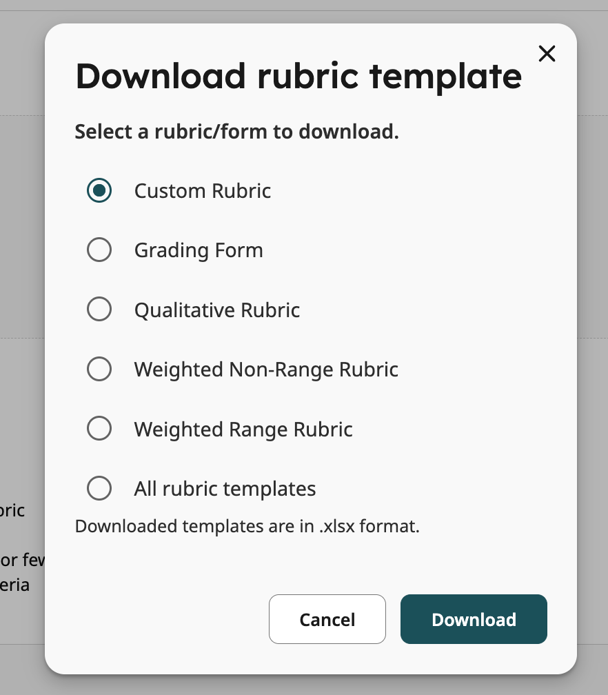 Download rubric template modal displaying available rubric template options.