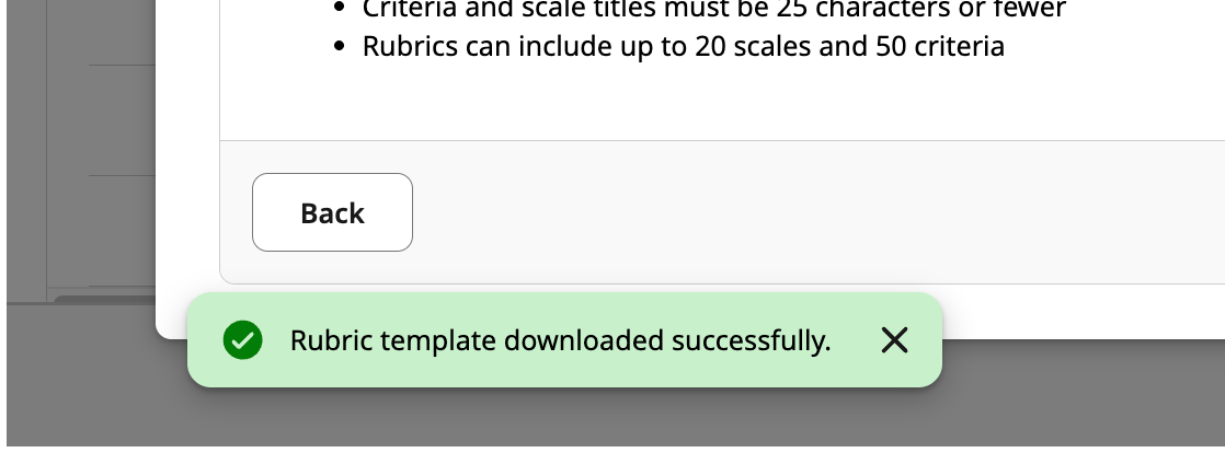 Confirmation message displayed at bottom of screen showing successful rubric template download.