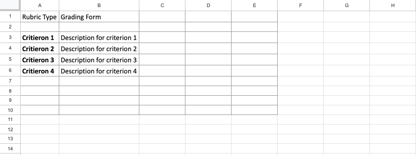 Una plantilla del formulario de calificación en Excel que muestra un diseño de dos columnas para títulos y descripciones.