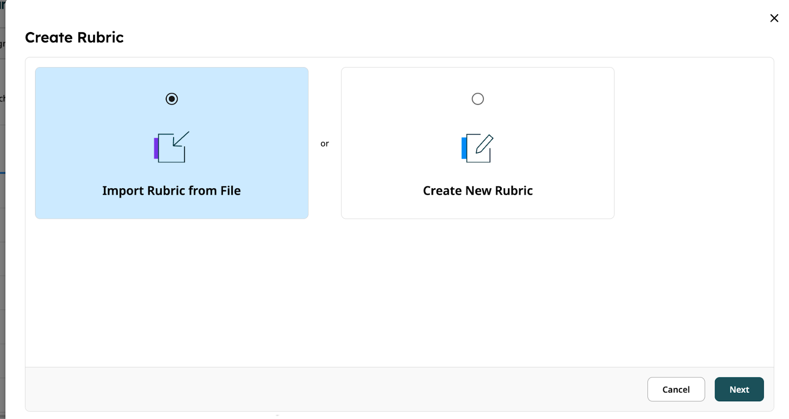 El modal Crear rúbrica (Create Rubric) que muestra la opción Importar rúbrica desde archivo (Import Rubric from File) seleccionada.